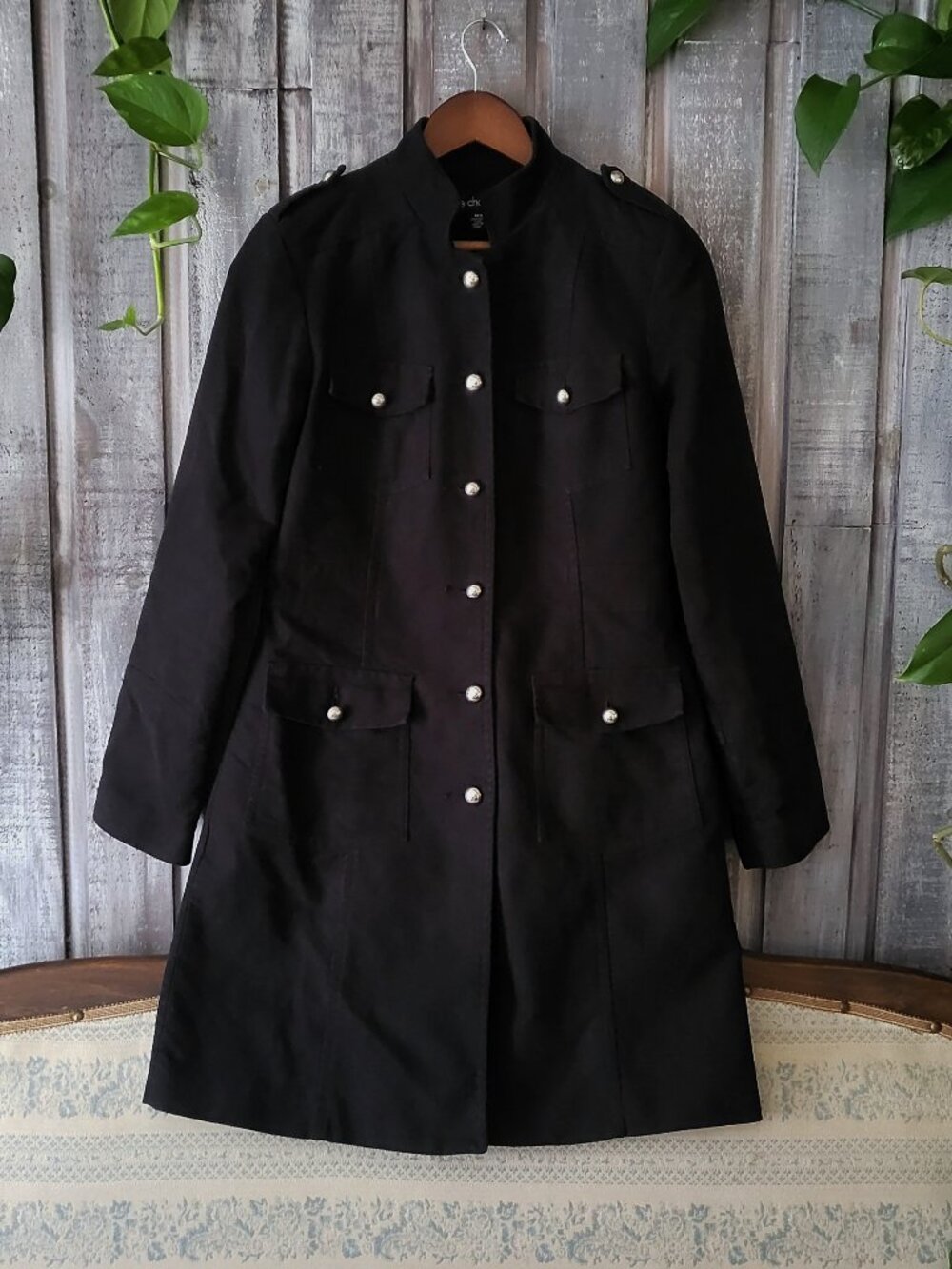VTG Le Chateau Black Cotton Military Officer Trench Coat Jacket Y2K Medium